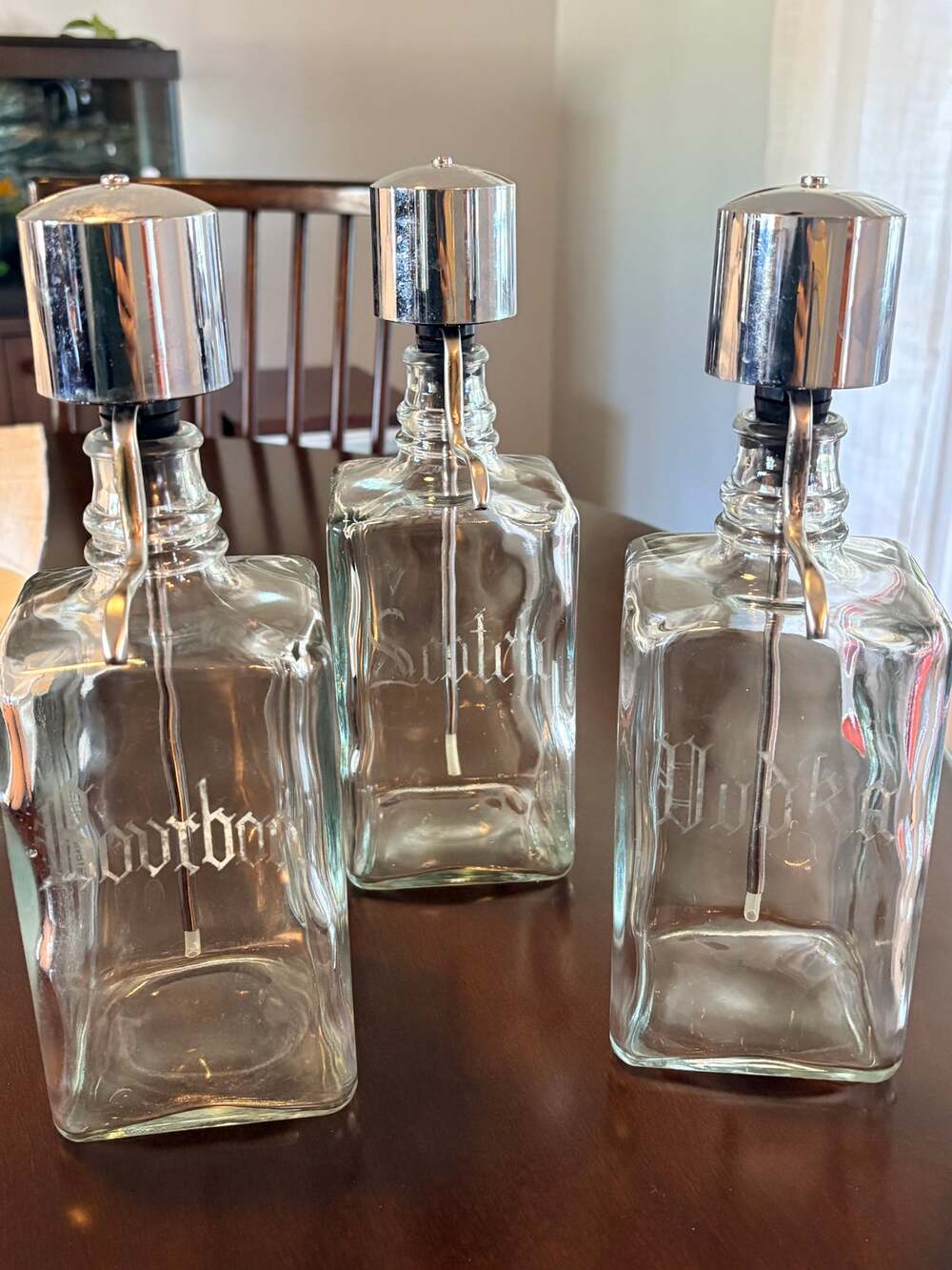Vtg MCM Etched Glass Liquor Dispensers (3) Bourbon Scotch Vodka 1950s Barware